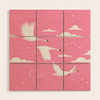 Flying Swans Illustration - Pink Sky with Clouds and Stars Wood Wall Art Gallery Image 1