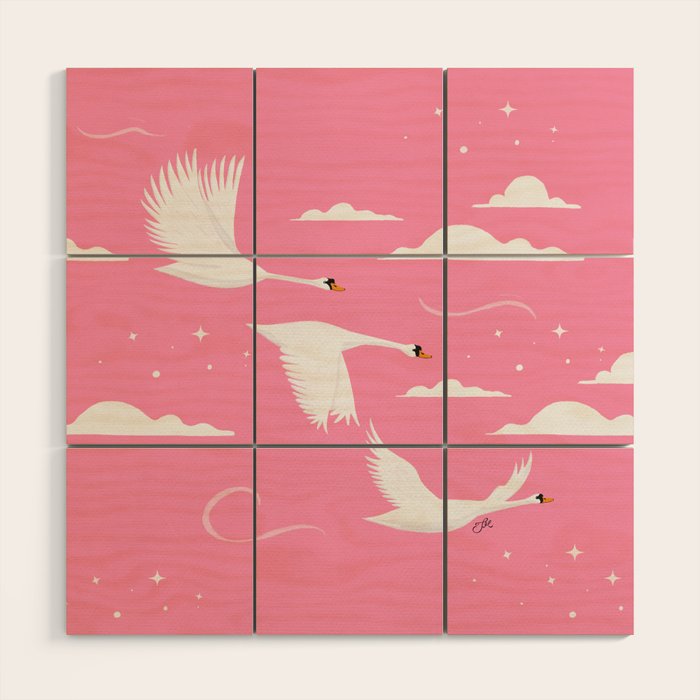 Flying Swans Illustration - Pink Sky with Clouds and Stars Wood Wall Art Gallery Image 1