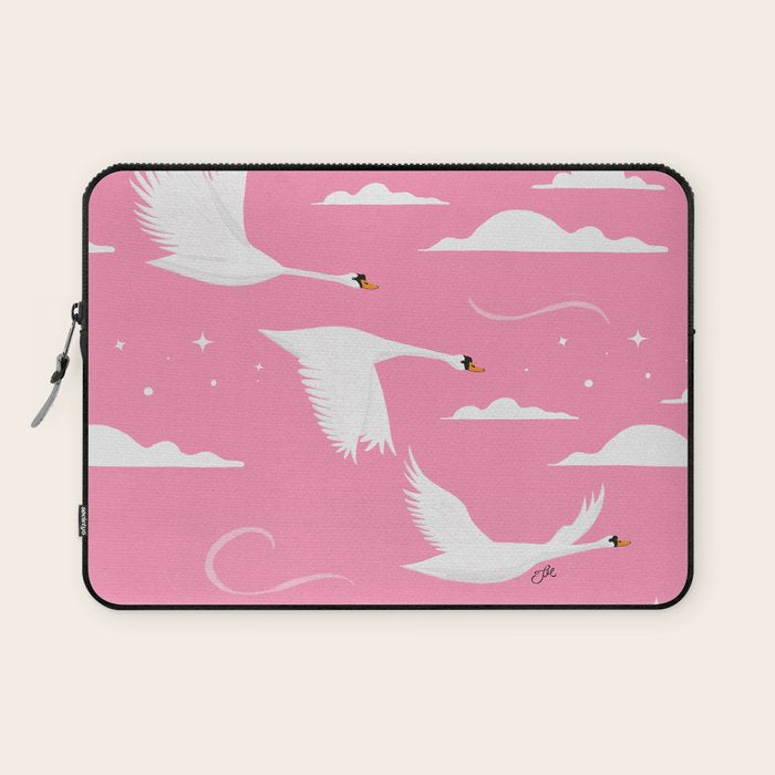 Flying Swans Illustration - Pink Sky with Clouds and Stars Laptop Sleeve Gallery Image 1