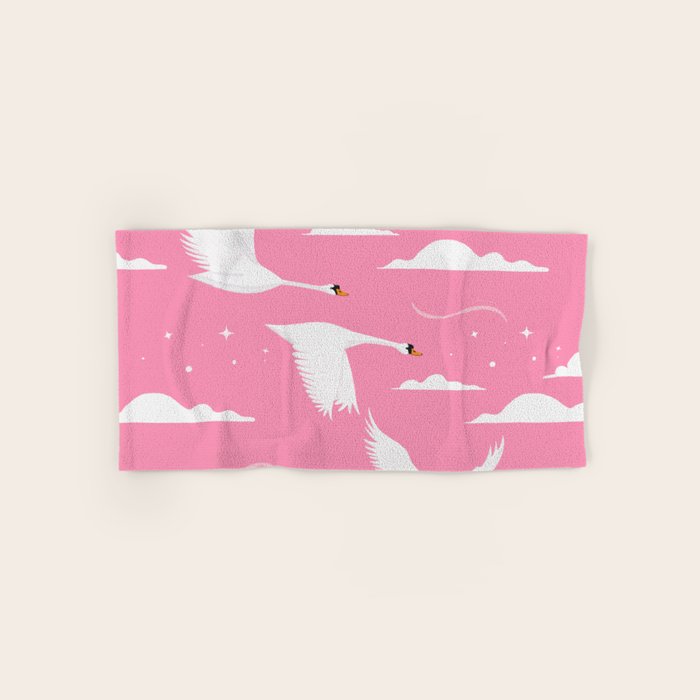 Flying Swans Illustration - Pink Sky with Clouds and Stars Bath Towel Gallery Image 1