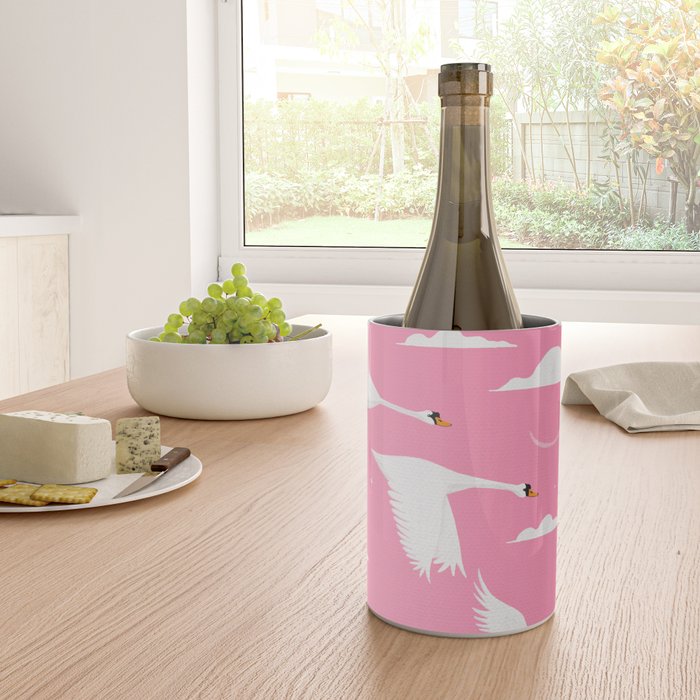 Flying Swans Illustration - Pink Sky with Clouds and Stars Wine Chiller Gallery Image 4