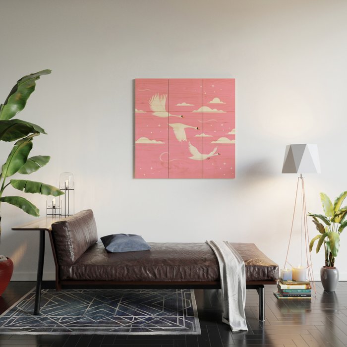 Flying Swans Illustration - Pink Sky with Clouds and Stars Wood Wall Art Gallery Image 2