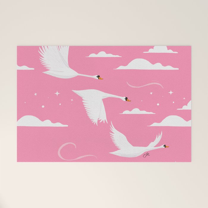 Flying Swans Illustration - Pink Sky with Clouds and Stars Welcome Mat Gallery Image 1