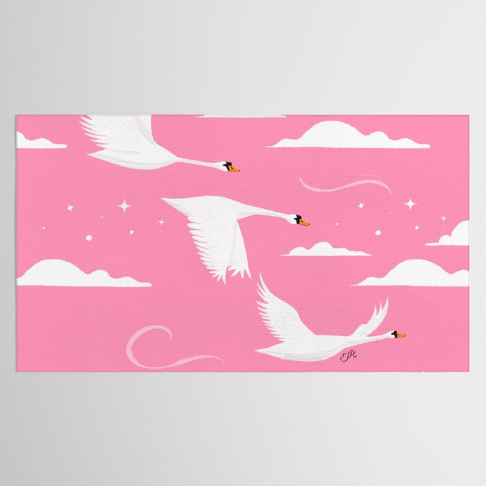 Flying Swans Illustration - Pink Sky with Clouds and Stars Tablecloth Gallery Image 2