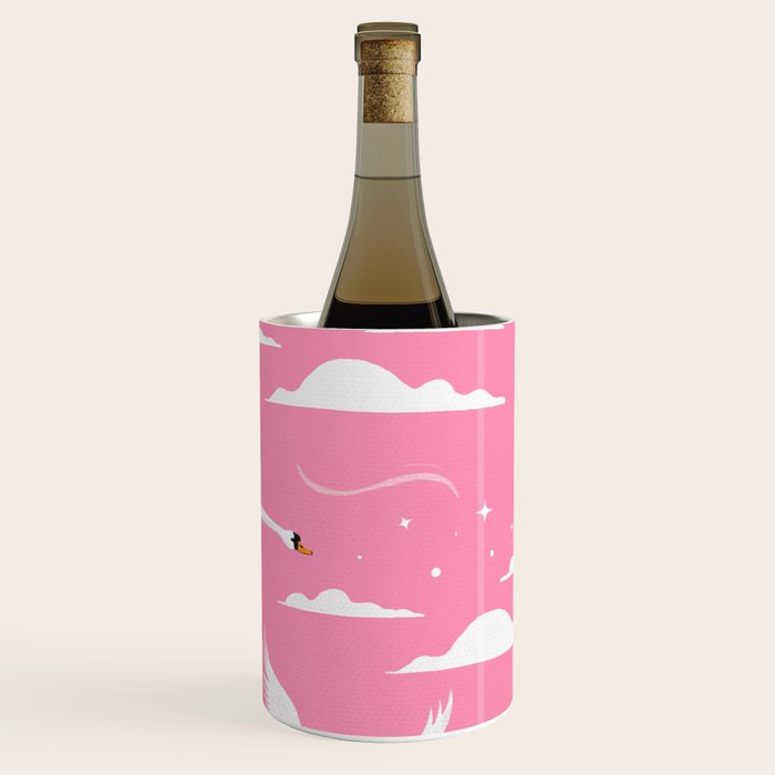 Flying Swans Illustration - Pink Sky with Clouds and Stars Wine Chiller Gallery Image 3