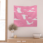 Flying Swans Illustration - Pink Sky with Clouds and Stars Wall Tapestry Gallery Image 2