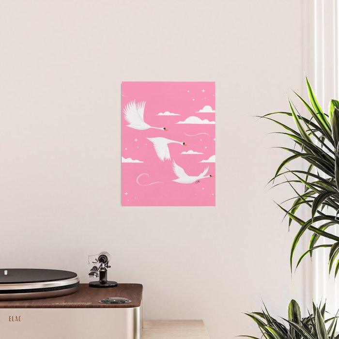 Flying Swans Illustration - Pink Sky with Clouds and Stars Poster Gallery Image 2