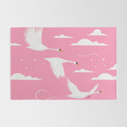Flying Swans Illustration - Pink Sky with Clouds and Stars Rug Gallery Image 2