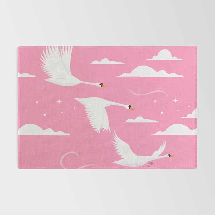 Flying Swans Illustration - Pink Sky with Clouds and Stars Rug Gallery Image 2