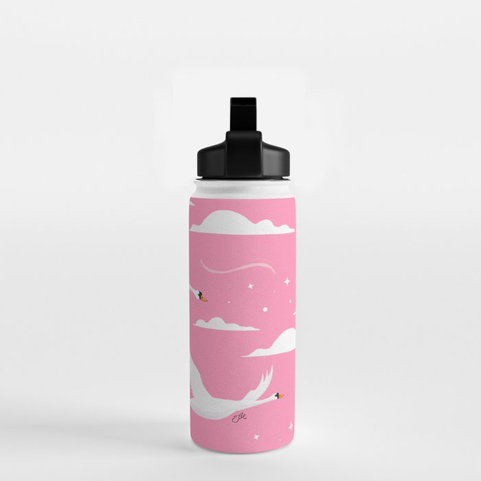 Flying Swans Illustration - Pink Sky with Clouds and Stars Water Bottle Gallery Image 2