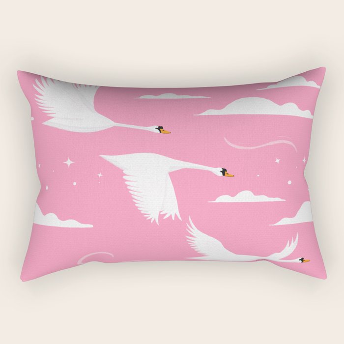 Flying Swans Illustration - Pink Sky with Clouds and Stars Rectangular Pillow Gallery Image 1