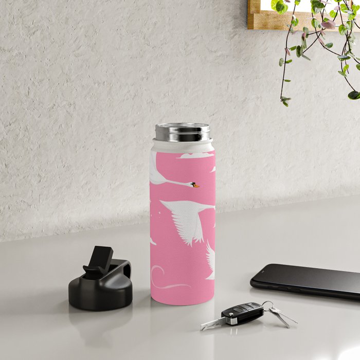 Flying Swans Illustration - Pink Sky with Clouds and Stars Water Bottle Gallery Image 4