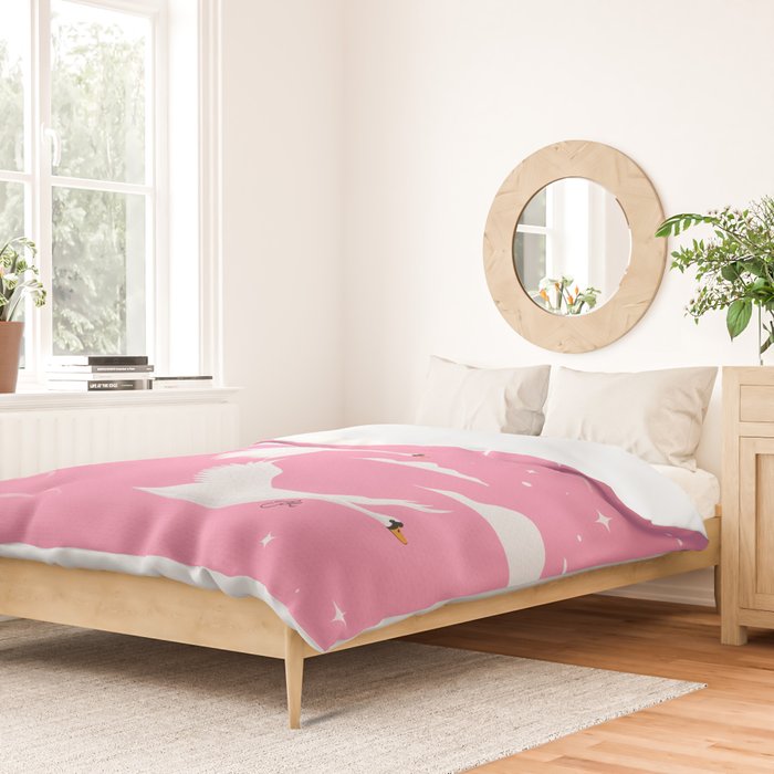 Flying Swans Illustration - Pink Sky with Clouds and Stars Duvet Cover Gallery Image 2