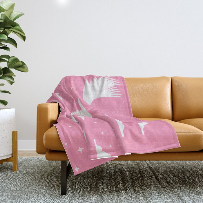 Flying Swans Illustration - Pink Sky with Clouds and Stars Throw Blanket Gallery Image 1