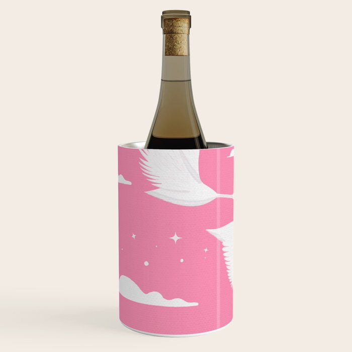 Flying Swans Illustration - Pink Sky with Clouds and Stars Wine Chiller Gallery Image 2