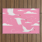 Flying Swans Illustration - Pink Sky with Clouds and Stars Outdoor Rug Gallery Image 1