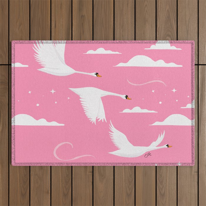 Flying Swans Illustration - Pink Sky with Clouds and Stars Outdoor Rug Gallery Image 1