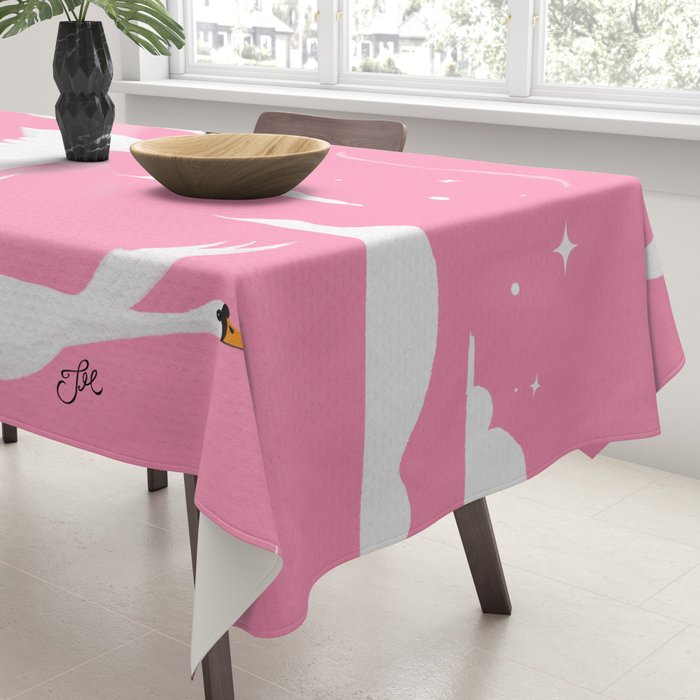 Flying Swans Illustration - Pink Sky with Clouds and Stars Tablecloth Gallery Image 3