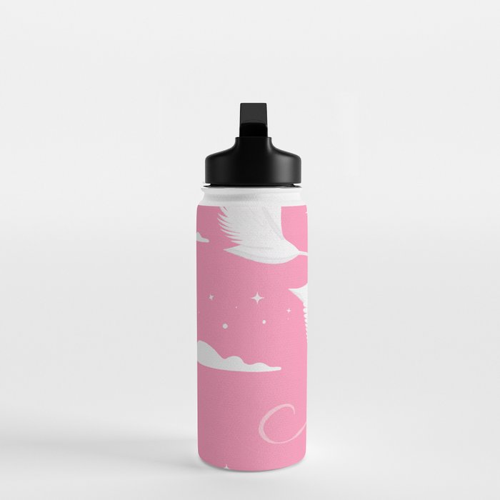 Flying Swans Illustration - Pink Sky with Clouds and Stars Water Bottle Gallery Image 3
