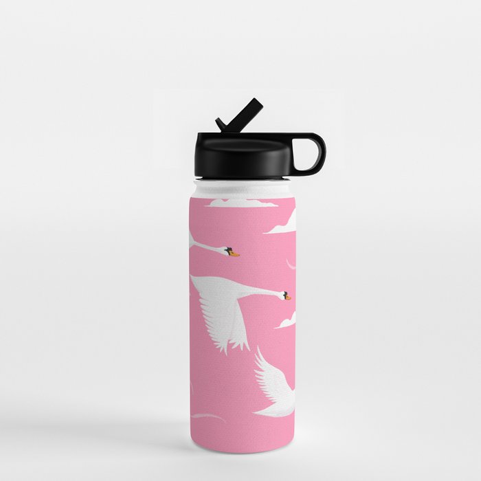 Flying Swans Illustration - Pink Sky with Clouds and Stars Water Bottle Gallery Image 1