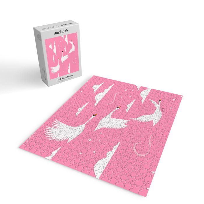 Flying Swans Illustration - Pink Sky with Clouds and Stars Jigsaw Puzzle Gallery Image 2