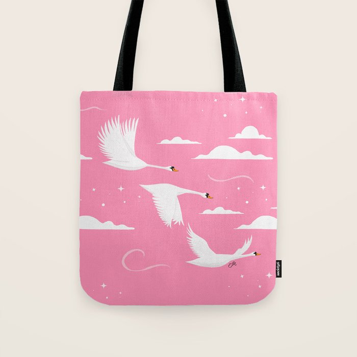 Flying Swans Illustration - Pink Sky with Clouds and Stars Tote Bag Gallery Image 1