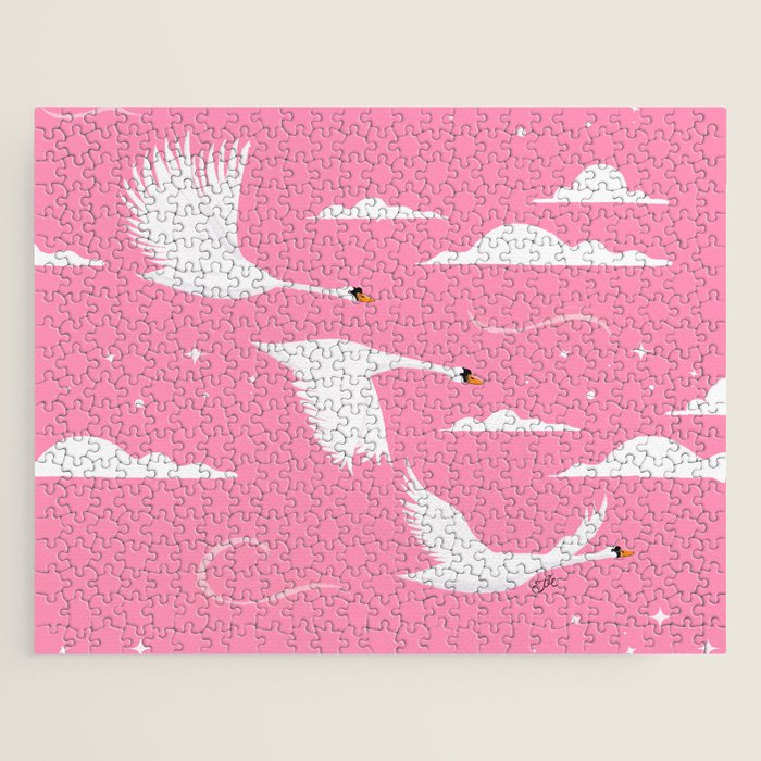 Flying Swans Illustration - Pink Sky with Clouds and Stars Jigsaw Puzzle Gallery Image 1