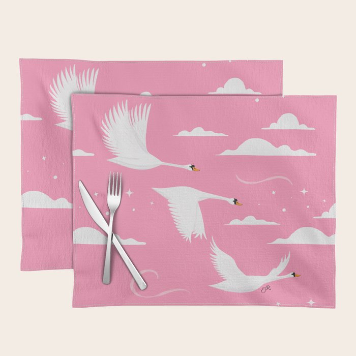 Flying Swans Illustration - Pink Sky with Clouds and Stars Placemat Gallery Image 1