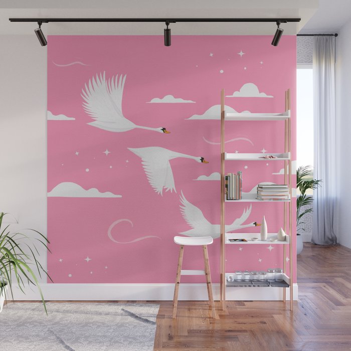 Flying Swans Illustration - Pink Sky with Clouds and Stars Wall Mural Gallery Image 1