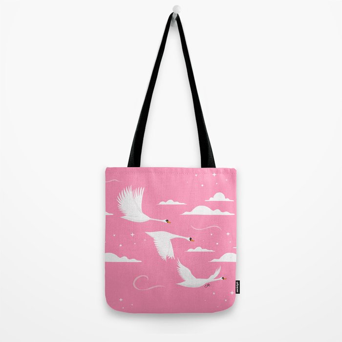 Flying Swans Illustration - Pink Sky with Clouds and Stars Tote Bag Gallery Image 2