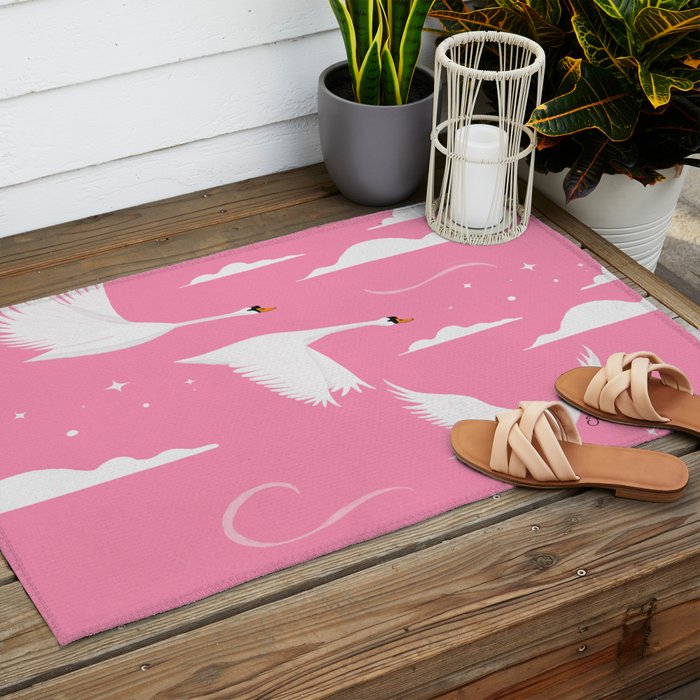 Flying Swans Illustration - Pink Sky with Clouds and Stars Outdoor Rug Gallery Image 2