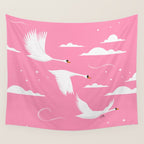 Flying Swans Illustration - Pink Sky with Clouds and Stars Wall Tapestry Gallery Image 4