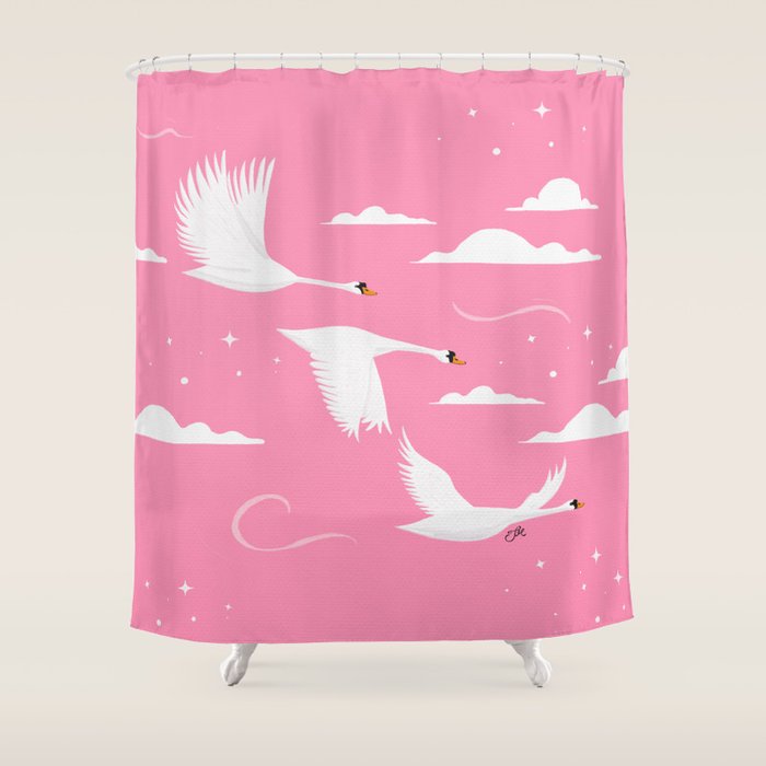 Flying Swans Illustration - Pink Sky with Clouds and Stars Shower Curtain Gallery Image 1