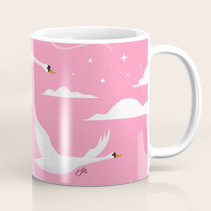 Flying Swans Illustration - Pink Sky with Clouds and Stars Coffee Mug Gallery Image 1