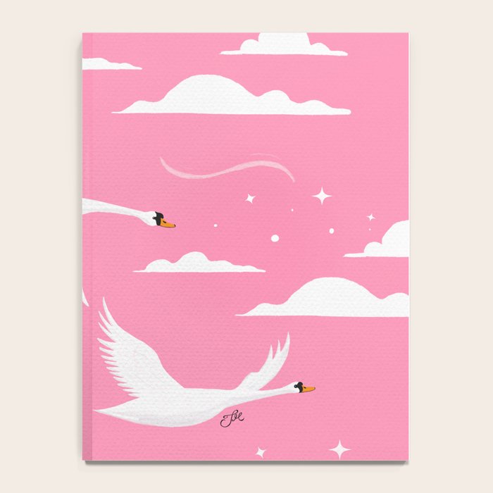 Flying Swans Illustration - Pink Sky with Clouds and Stars Notebook Gallery Image 4