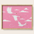 Flying Swans Illustration - Pink Sky with Clouds and Stars Serving Tray Gallery Image 1