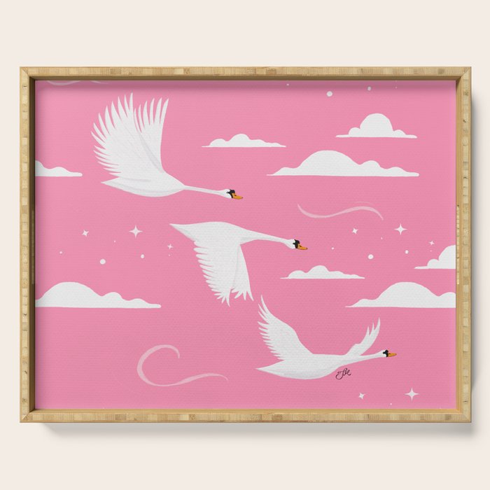 Flying Swans Illustration - Pink Sky with Clouds and Stars Serving Tray Gallery Image 1