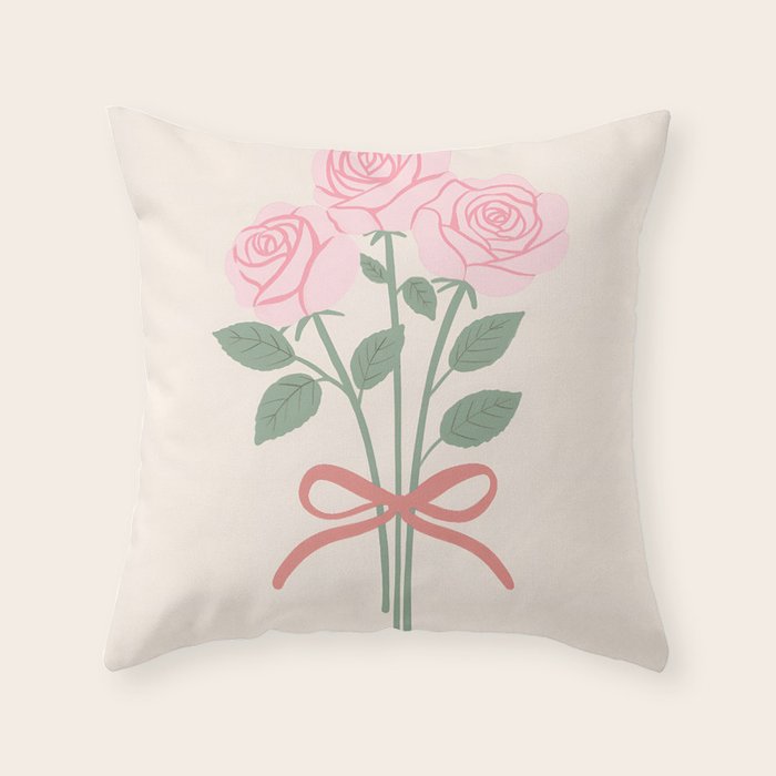 Vintage Pink Rose Bouquets with Ribbon Bows on Cream Throw Pillow Gallery Image 6
