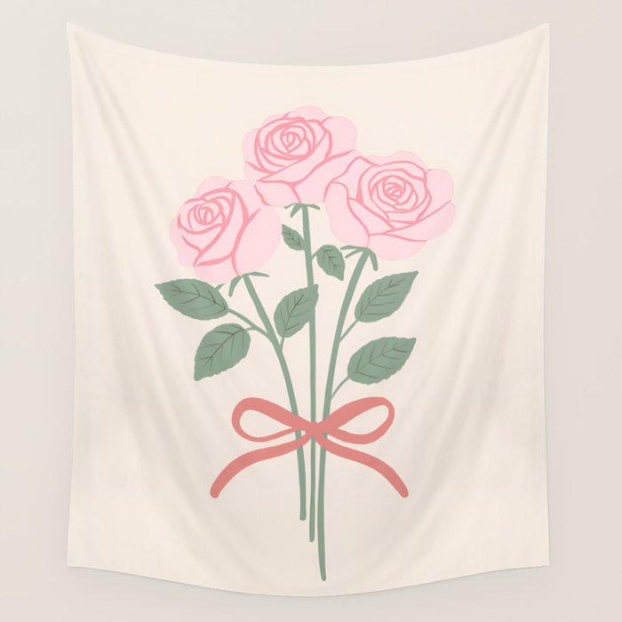 Vintage Pink Rose Bouquets with Ribbon Bows on Cream Wall Tapestry Gallery Image 4