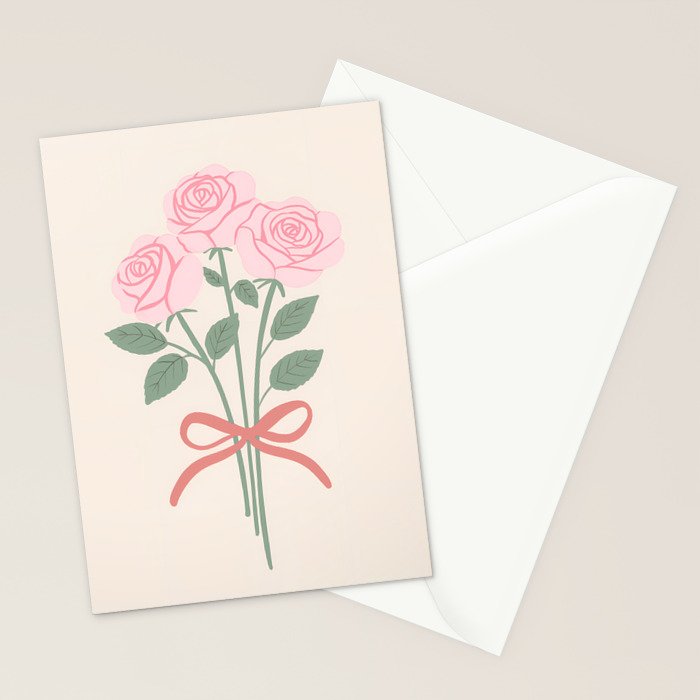 Vintage Pink Rose Bouquets with Ribbon Bows on Cream Stationery Card Gallery Image 2