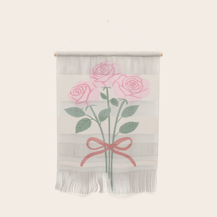 Vintage Pink Rose Bouquets with Ribbon Bows on Cream Wall Hanging Gallery Image 1