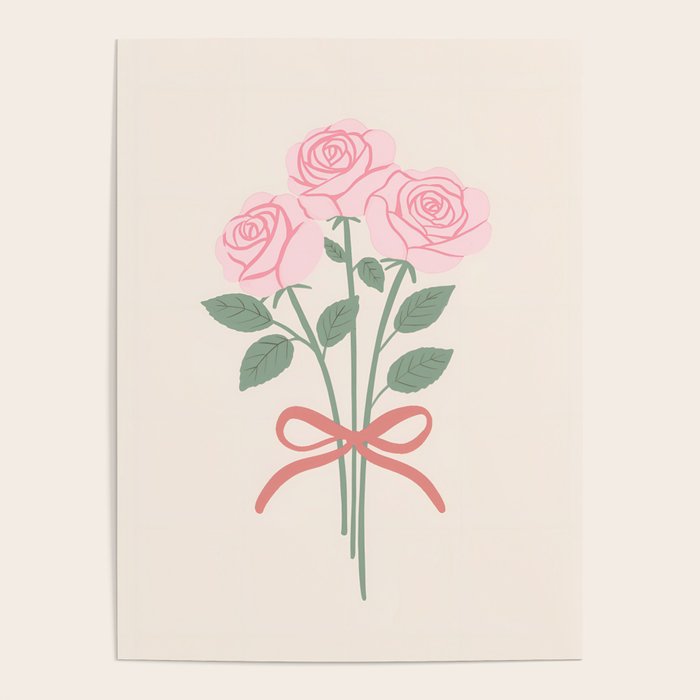 Vintage Pink Rose Bouquets with Ribbon Bows on Cream Poster Gallery Image 1