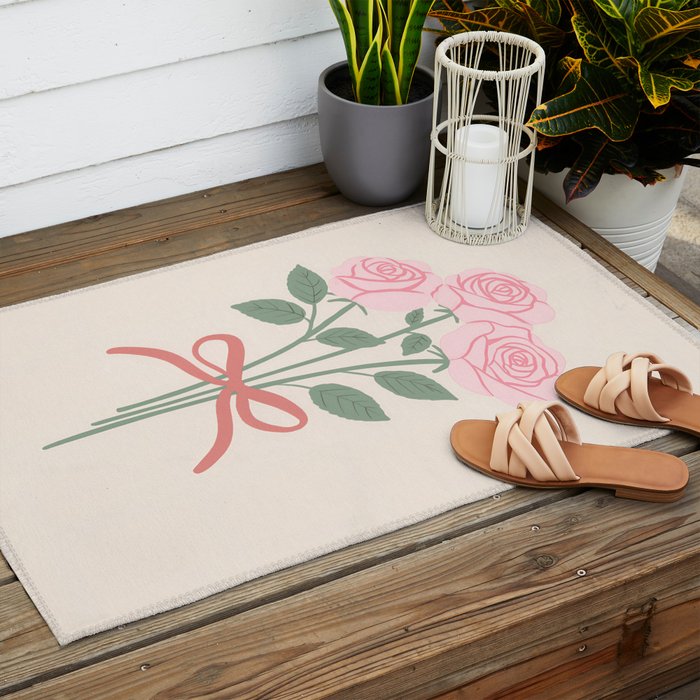 Vintage Pink Rose Bouquets with Ribbon Bows on Cream Outdoor Rug Gallery Image 2