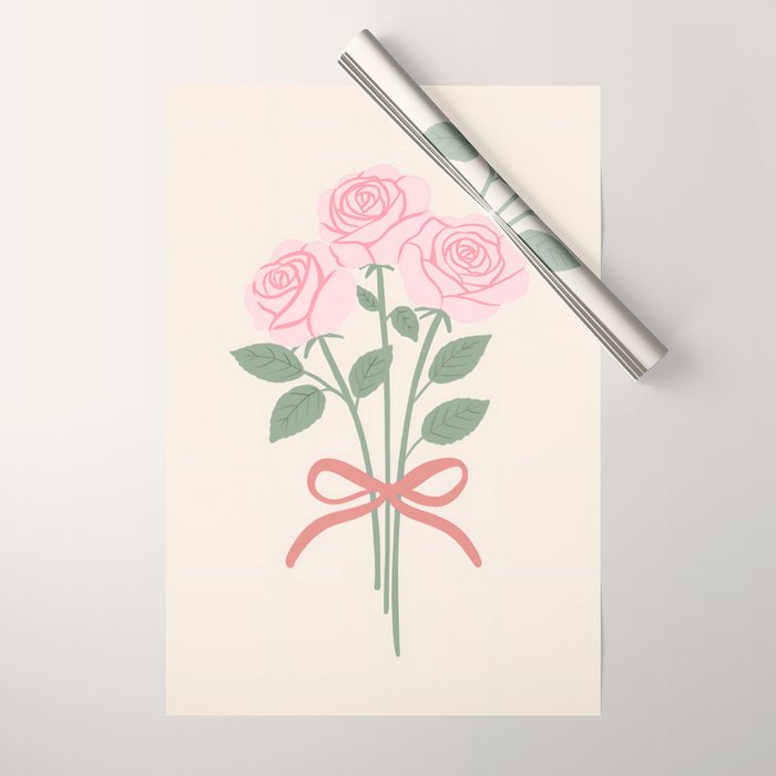 Vintage Pink Rose Bouquets with Ribbon Bows on Cream Wrapping Paper Gallery Image 1