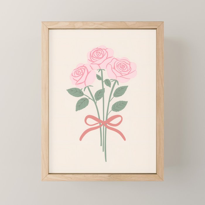 Vintage Pink Rose Bouquets with Ribbon Bows on Cream Mini Art Print Gallery Image 1