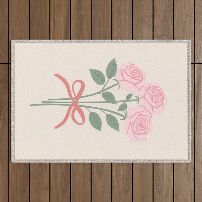 Vintage Pink Rose Bouquets with Ribbon Bows on Cream Outdoor Rug Gallery Image 1