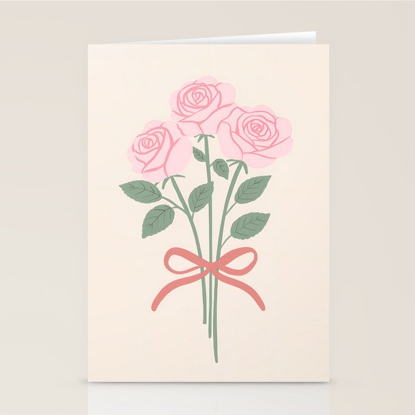 Vintage Pink Rose Bouquets with Ribbon Bows on Cream Stationery Card Gallery Image 2