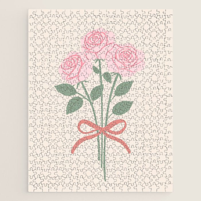 Vintage Pink Rose Bouquets with Ribbon Bows on Cream Jigsaw Puzzle Gallery Image 1