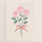 Vintage Pink Rose Bouquets with Ribbon Bows on Cream Jigsaw Puzzle Gallery Image 1