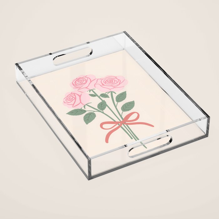 Vintage Pink Rose Bouquets with Ribbon Bows on Cream Acrylic Tray Gallery Image 1